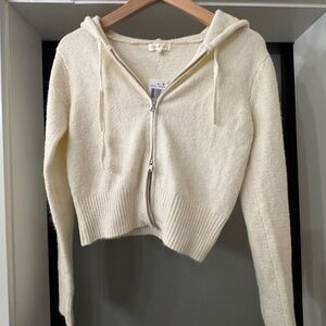 Nordstrom White Sweater Knit Soft Fuzzy Zip-Up Hoodie Cardigan Cream Small